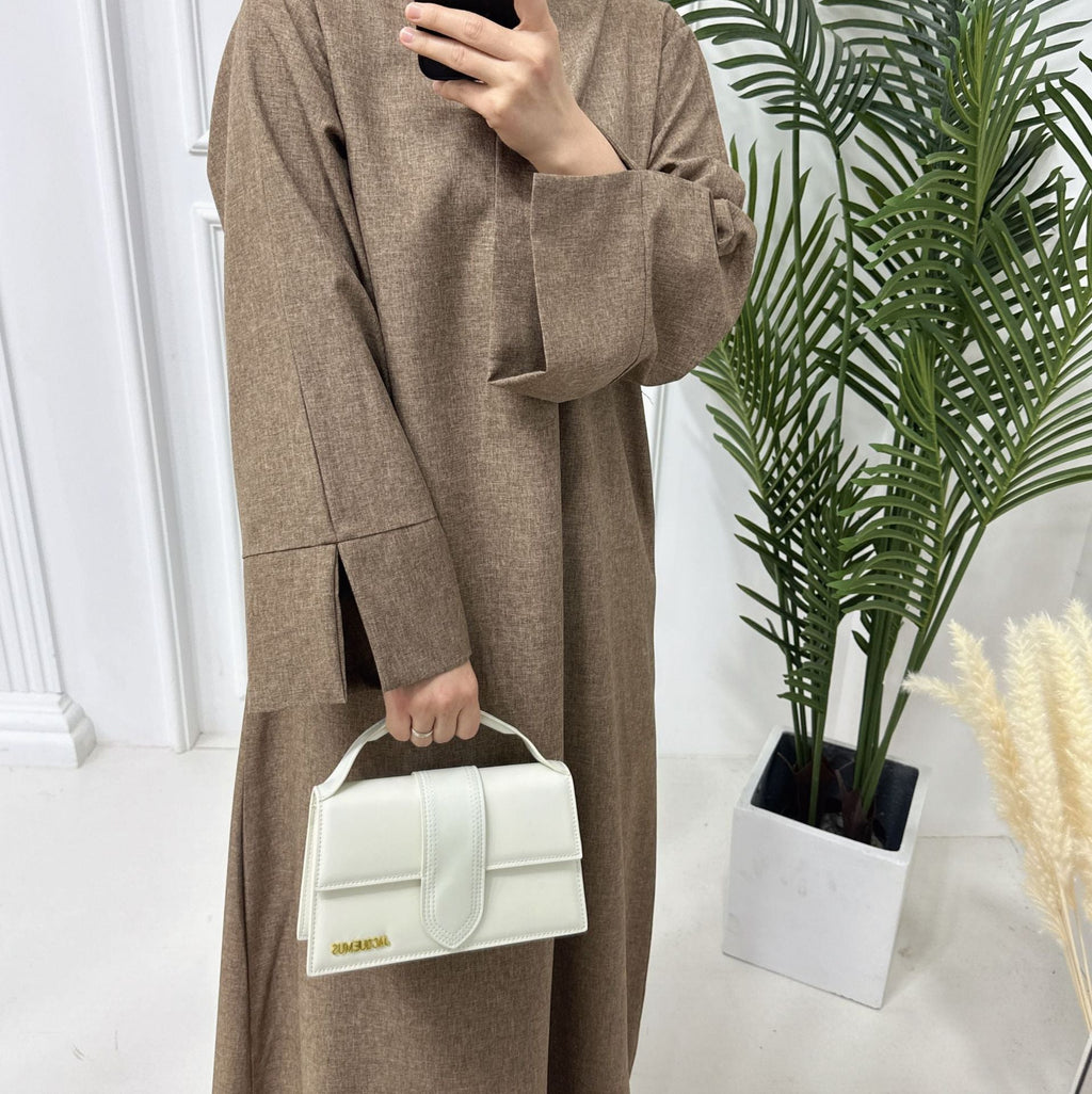 1715#Linen Abaya Slit Long Sleeves with Side Pockets and Back Zipper Women Casual Dress 的副本