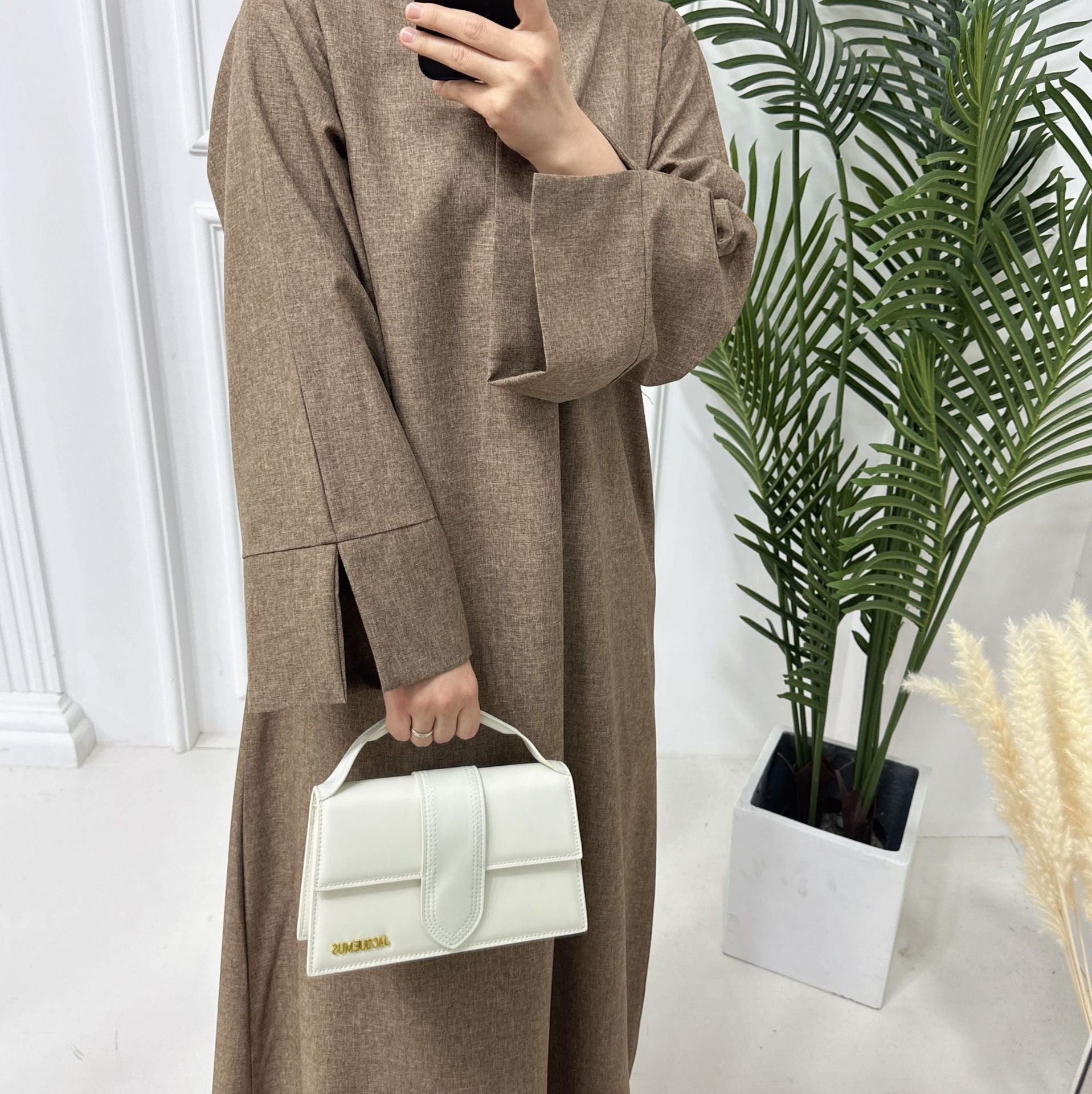 1715#Linen Abaya Slit Long Sleeves with Side Pockets and Back Zipper Women Casual Dress 的副本