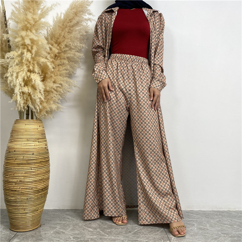 6674# New fashion set full button pocket pant muslim women 2pcs abaya sets