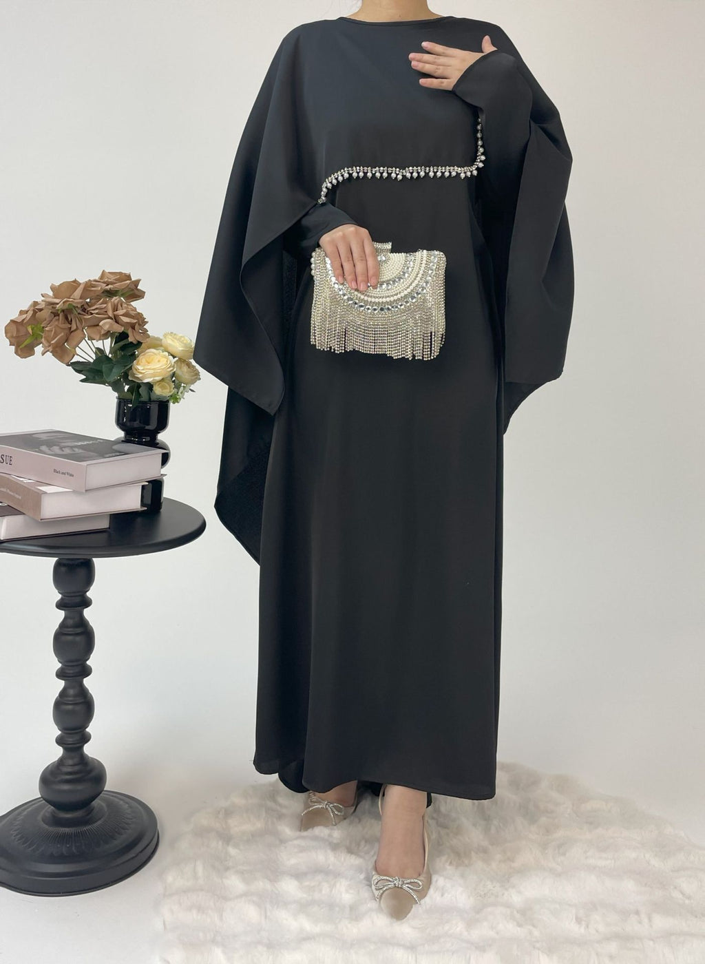 1020#2pcs Abaya Women Muslim Dress Set  Ramadan Islamic Clothing Kaftan with pearls