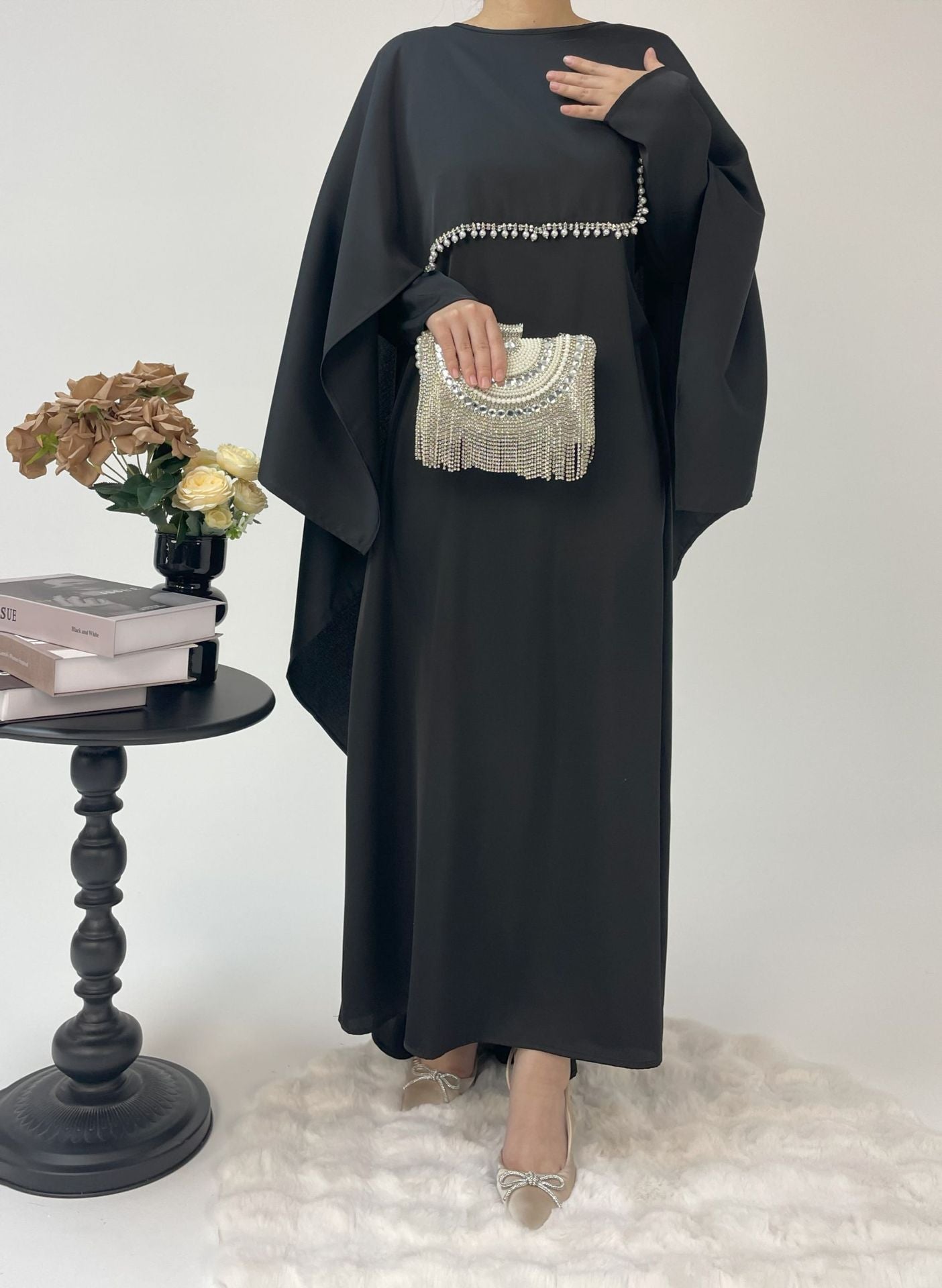 1020#2pcs Abaya Women Muslim Dress Set  Ramadan Islamic Clothing Kaftan with pearls