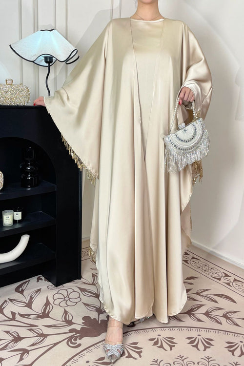 1037#Luxury Abaya Manufacturer Islamic Clothing Cardigan Abaya and Inner Dress Set With Diamond Chain