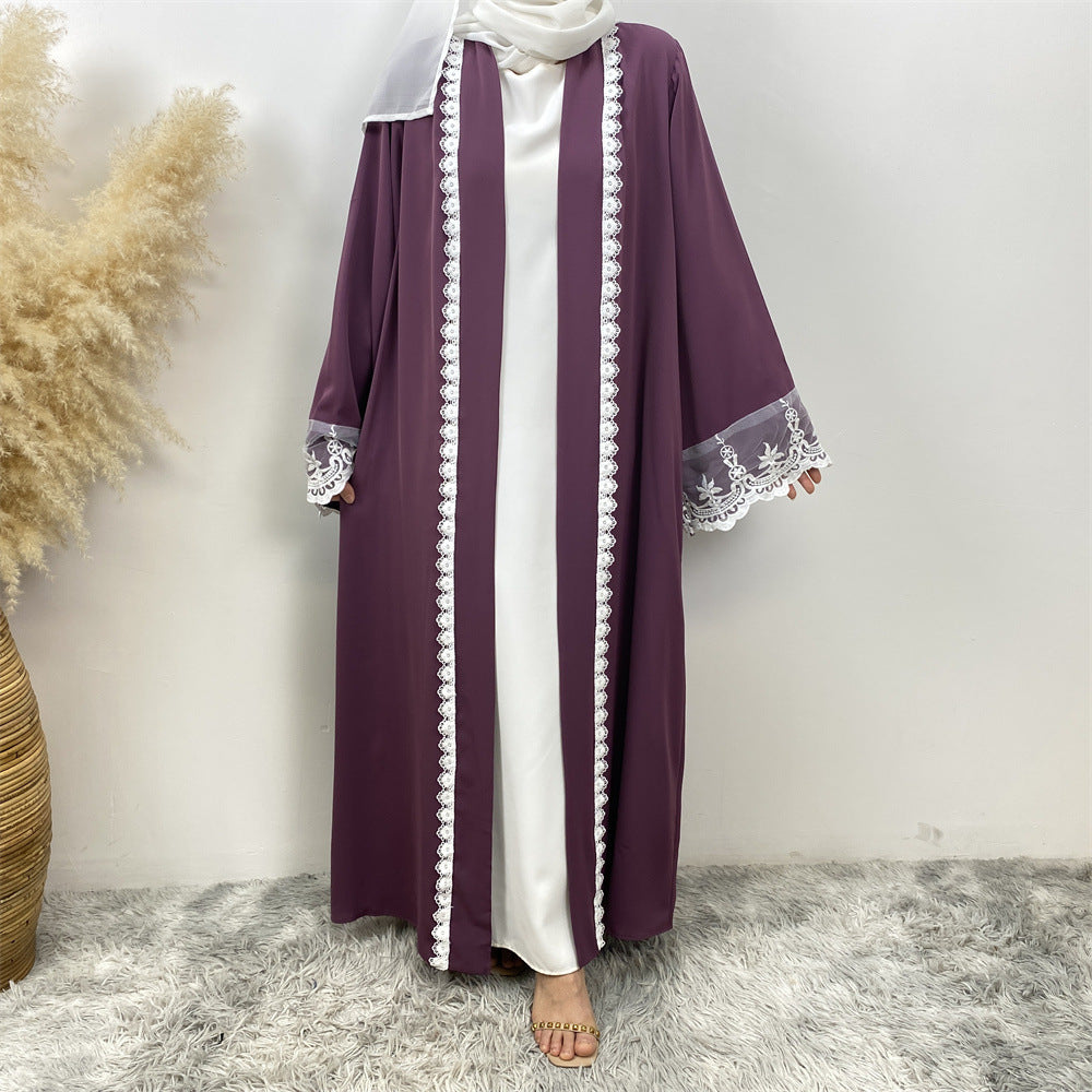 1405#Latest Eid Nida Material Flower Lace Border Classy Embroidery Women Open Abaya