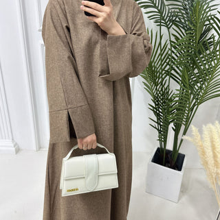 1715#Linen Abaya Slit Long Sleeves with Side Pockets and Back Zipper Women Casual Dress