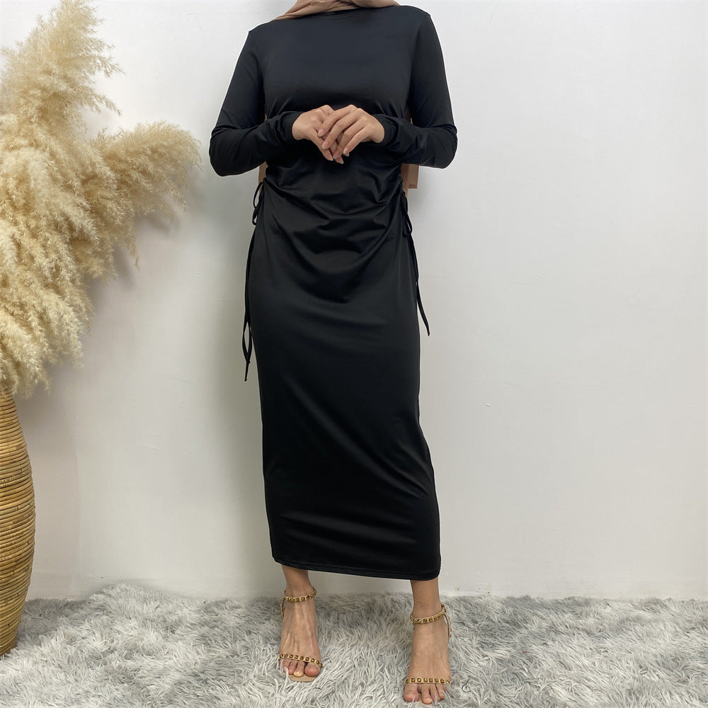 8521#Latest Dress Solid Color Little Bouncy Jersey Women Long Slim Sleeves Dress