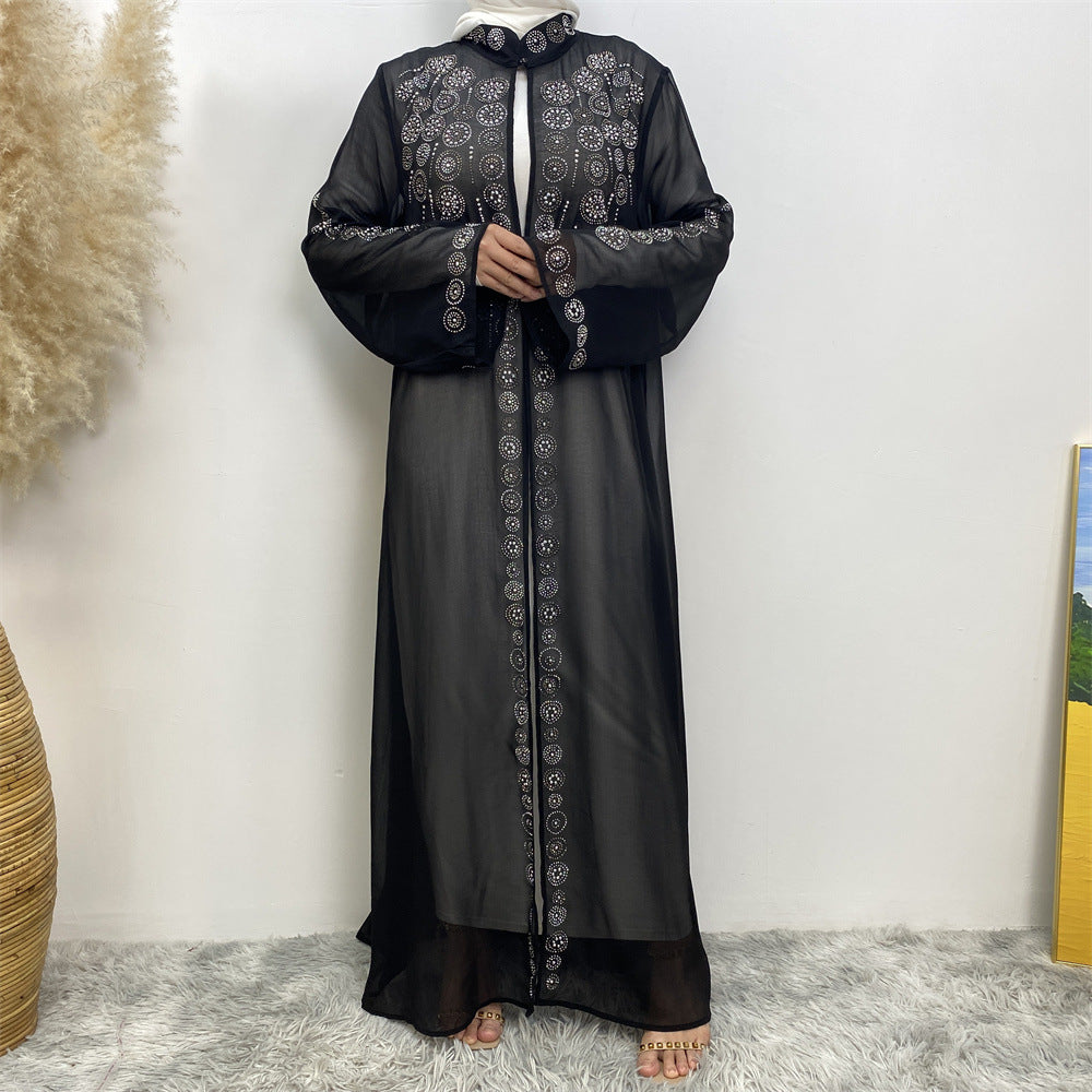 6740# Luxury chiffon africa diamond abaya long robe kaftan muslim women rhinestone open abaya