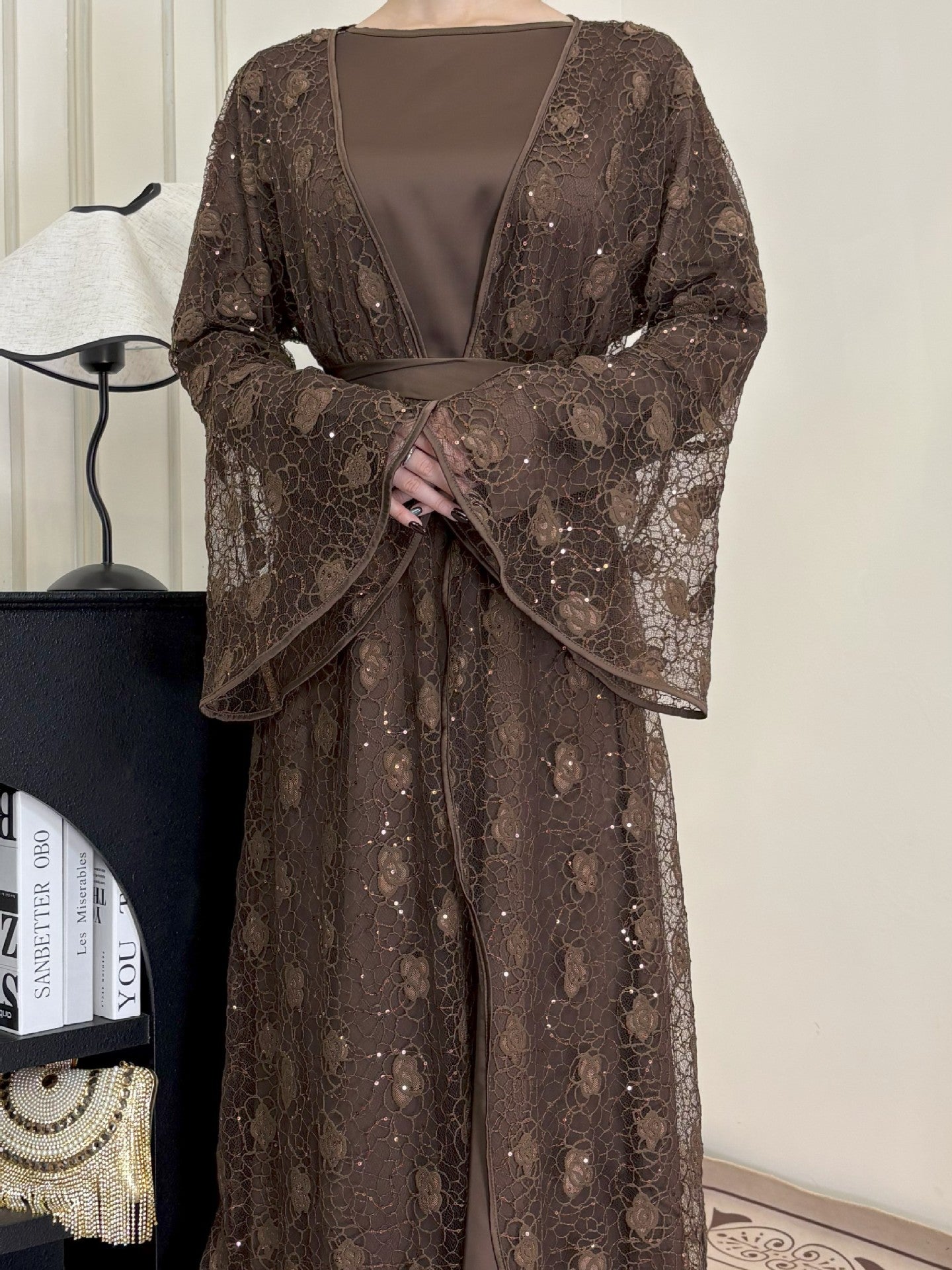 1031#2pcs Lace Abaya Women Muslim Dress Set  Islamic Clothing Kaftan