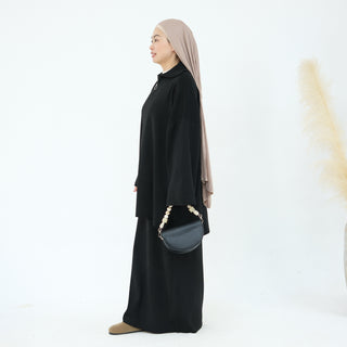 1929#Half Zipper Drop Shoulder Sweater Knit Muslim Women Two Pieces Set Oversized Tops Casual Fall Skirt Abaya Set