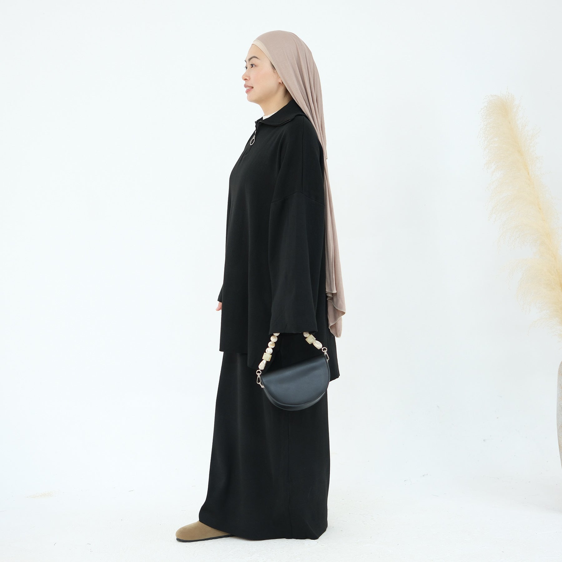 1929#Half Zipper Drop Shoulder Sweater Knit Muslim Women Two Pieces Set Oversized Tops Casual Fall Skirt Abaya Set