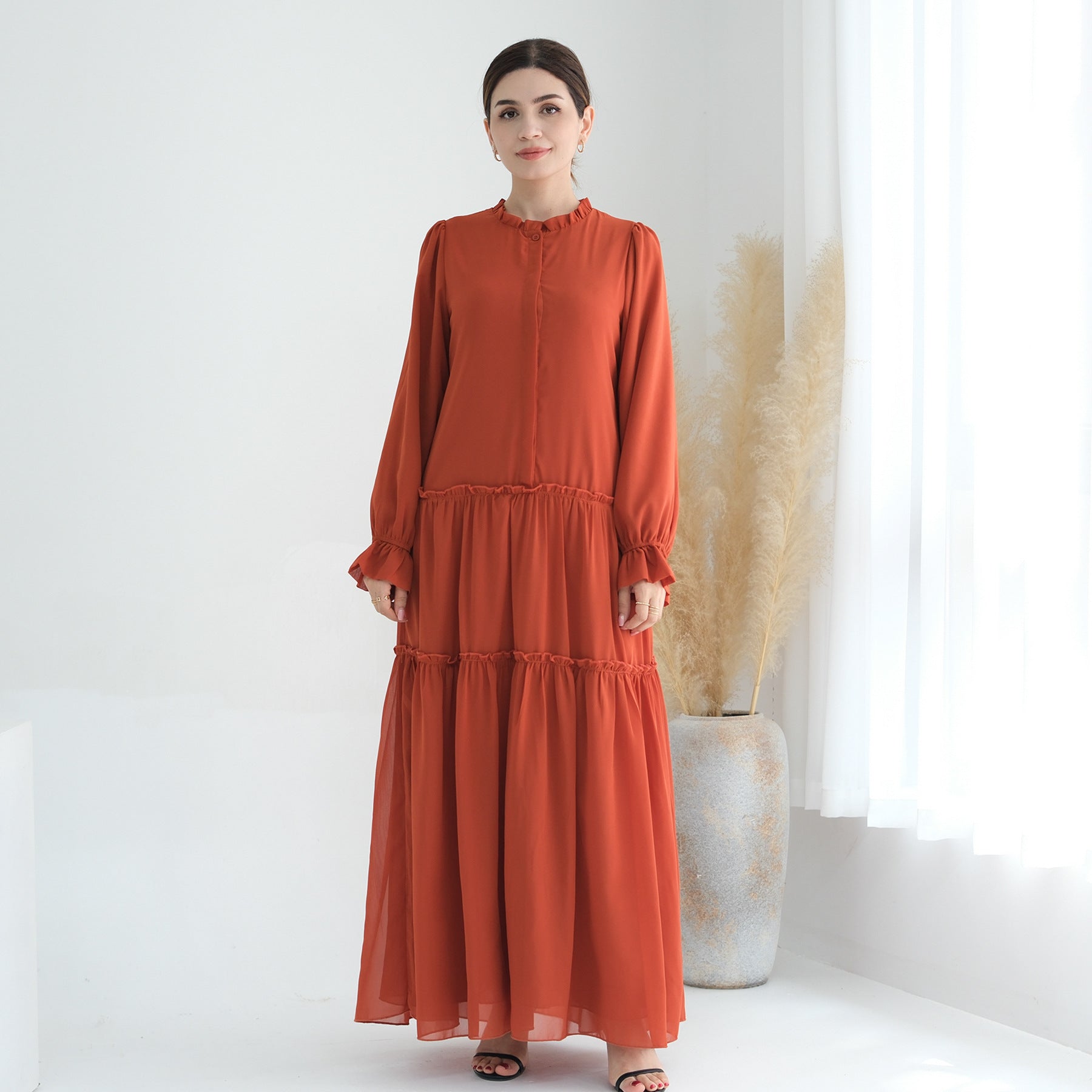 1754#2024 Solid Color Layered Chiffon Elegant Dress with Front Buttons and Lining