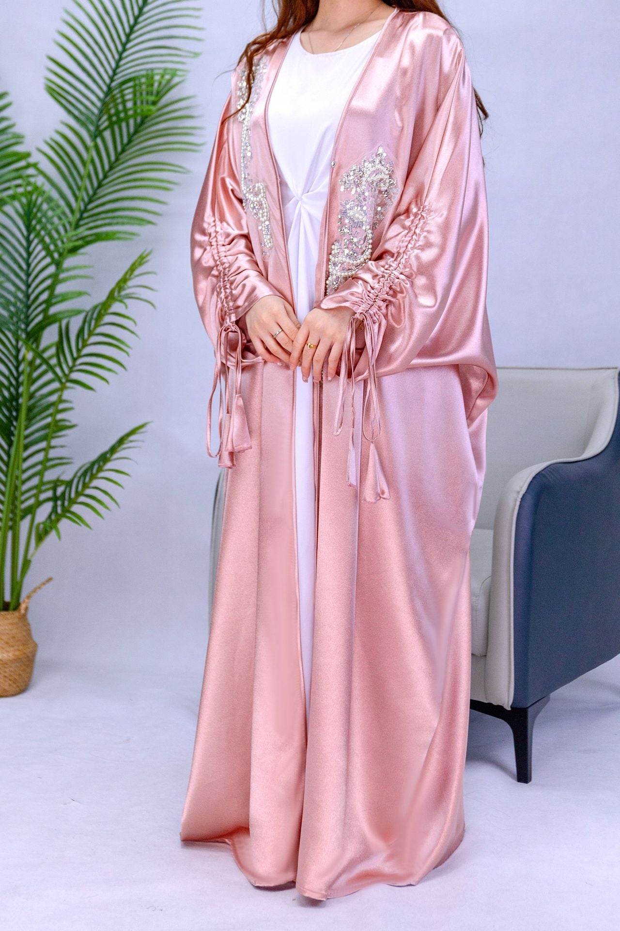 1009#  New Arrival Stylish Islamic Clothing Dubai Abaya Fashion Cardigan Women Satin Abaya