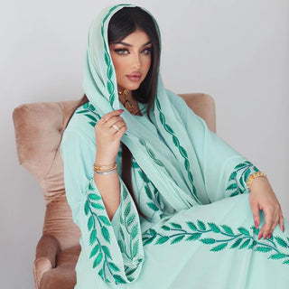 001#Chiffon Long Muslim Embroidery Round Neck Dress With Scarf