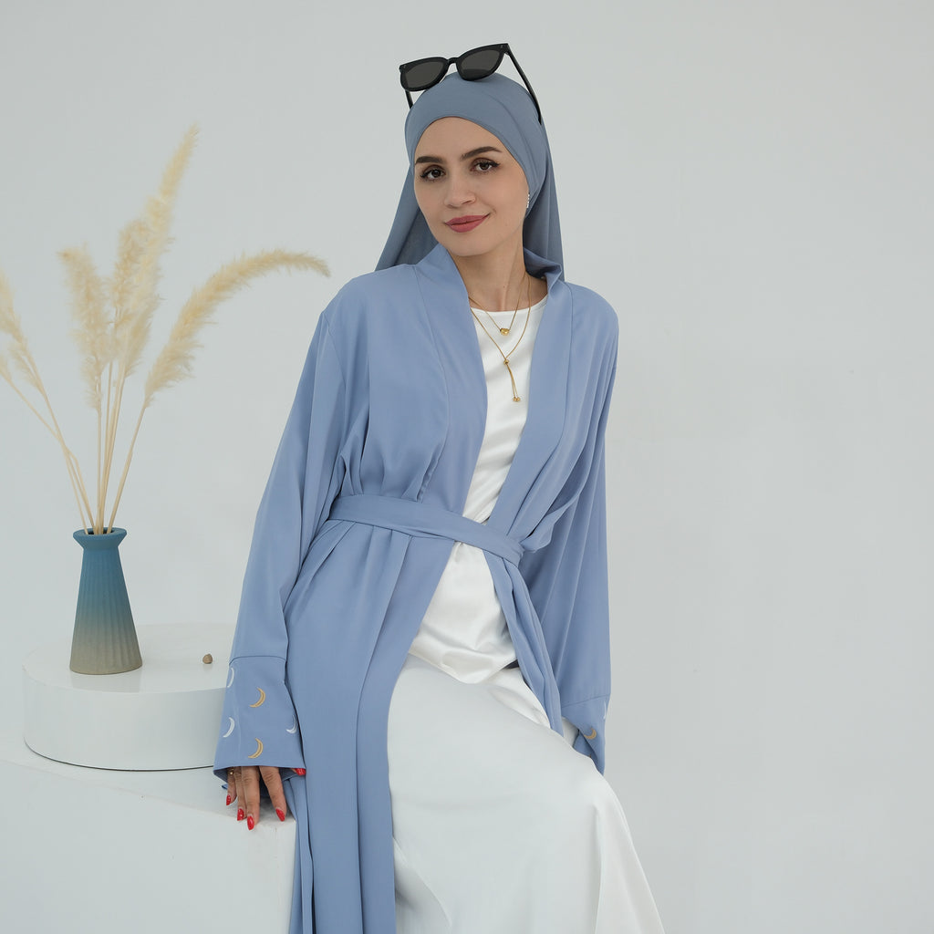 1785#New Arrival Cardigan Muslim Women's Dresses Moon Embroidery EID Linen Abaya