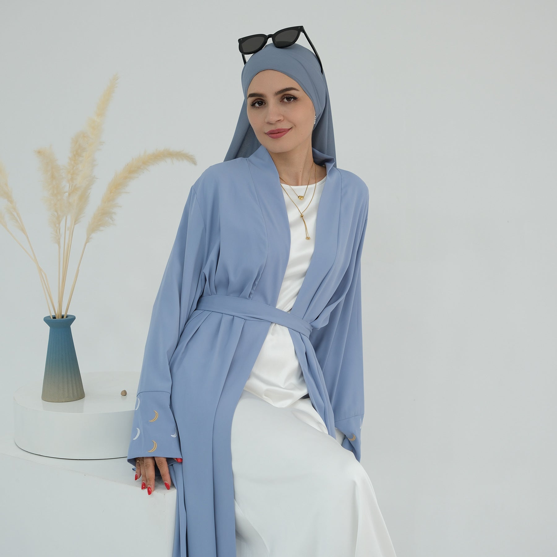 1785#New Arrival Cardigan Muslim Women's Dresses Moon Embroidery EID Linen Abaya