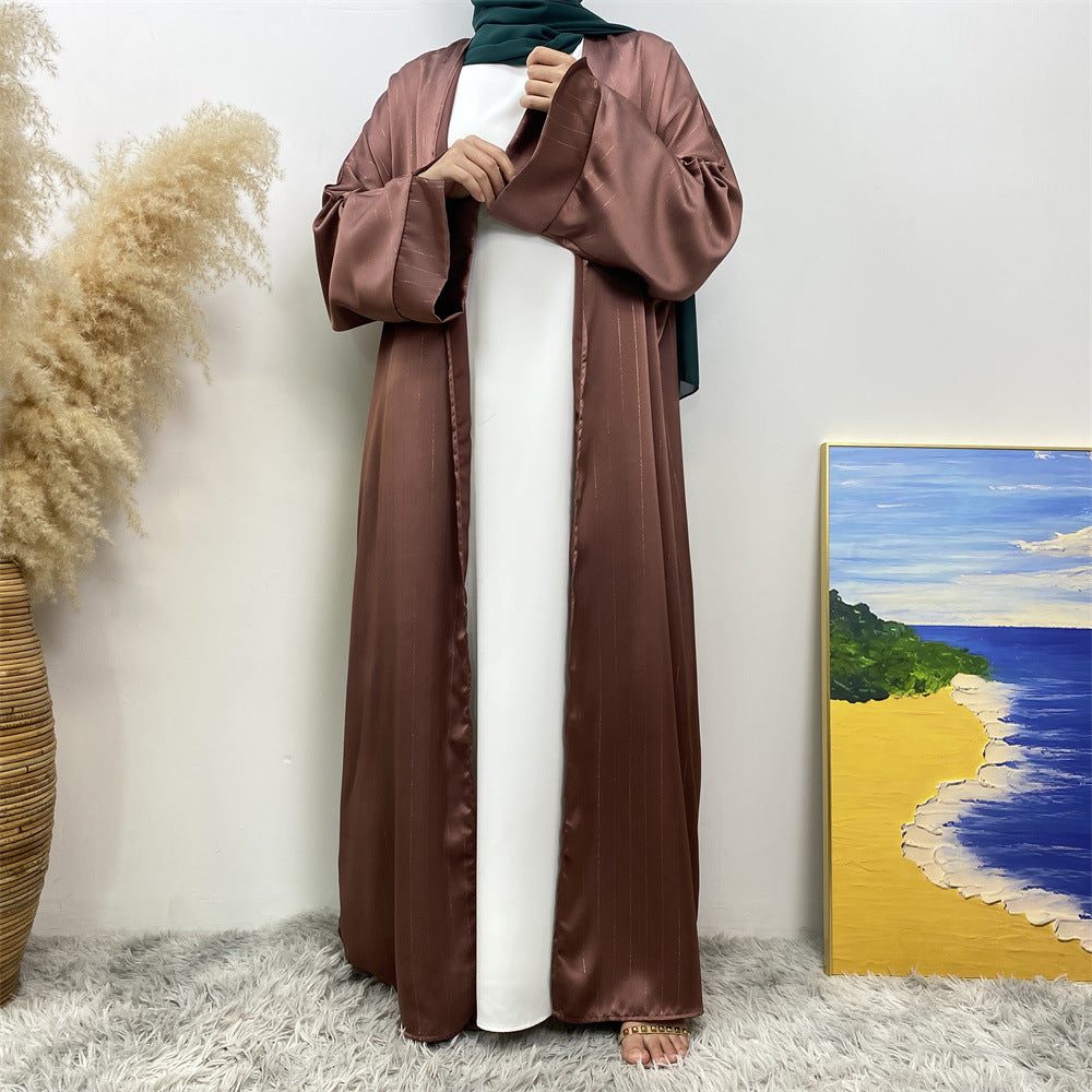 1439#Women Abaya Smooth Satin Kimono Slit Sleeve Popular Islamic Clothing Modest Silver Line Printed Abayas