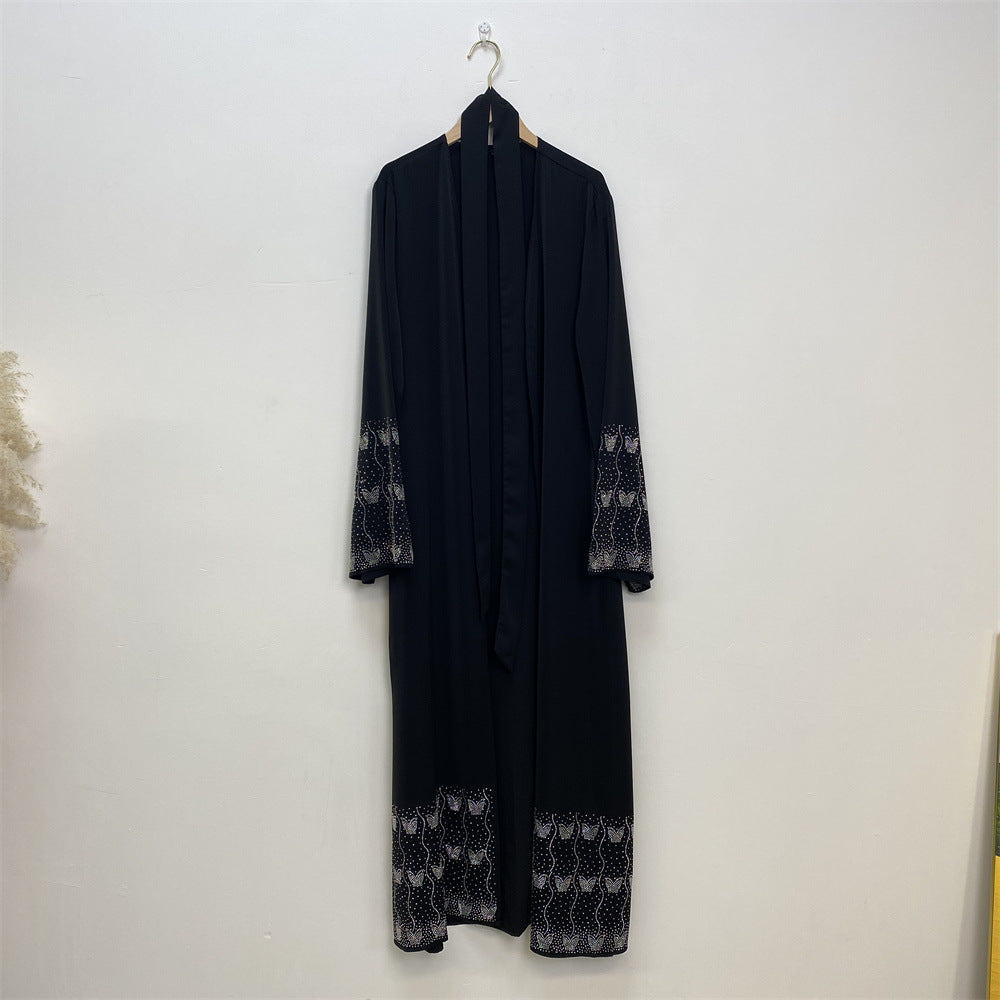 1431#Latest Sparkle Beauty Diamond Classic Black Elegant With Side Pockets Women Open Abaya