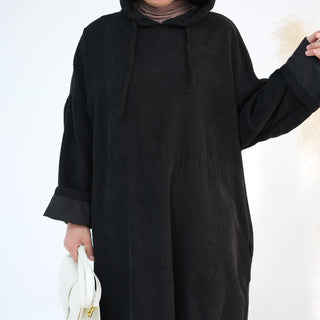 1890#Casual Cordury Hoodie Abaya Loose  Muslim Women Dress with Pockets Daily Wear Winter Abaya