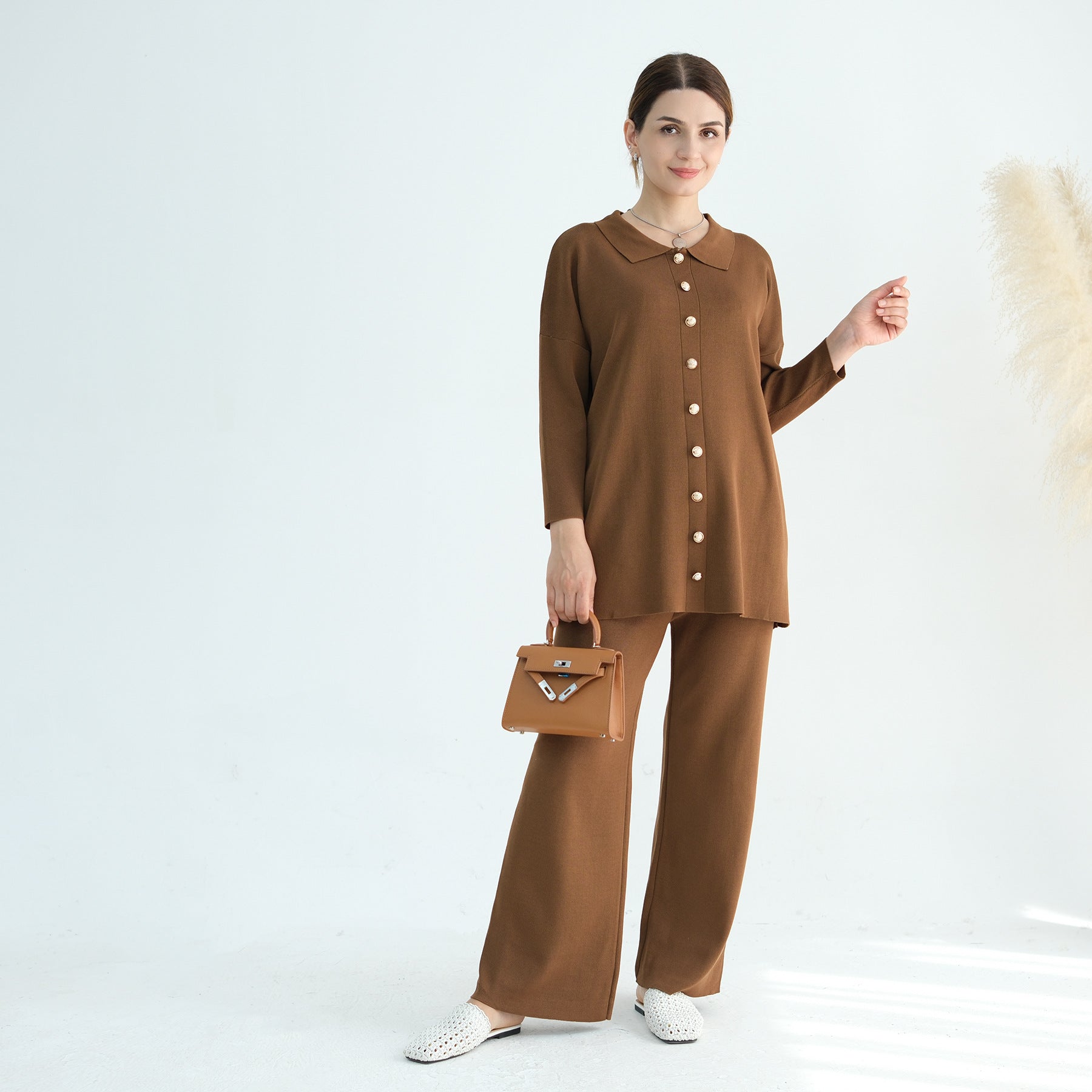 1869#Button Detailed Knit Sweater Pants Set Free Size Modest Two Pieces Women Casual Wear Fall Abaya Suit