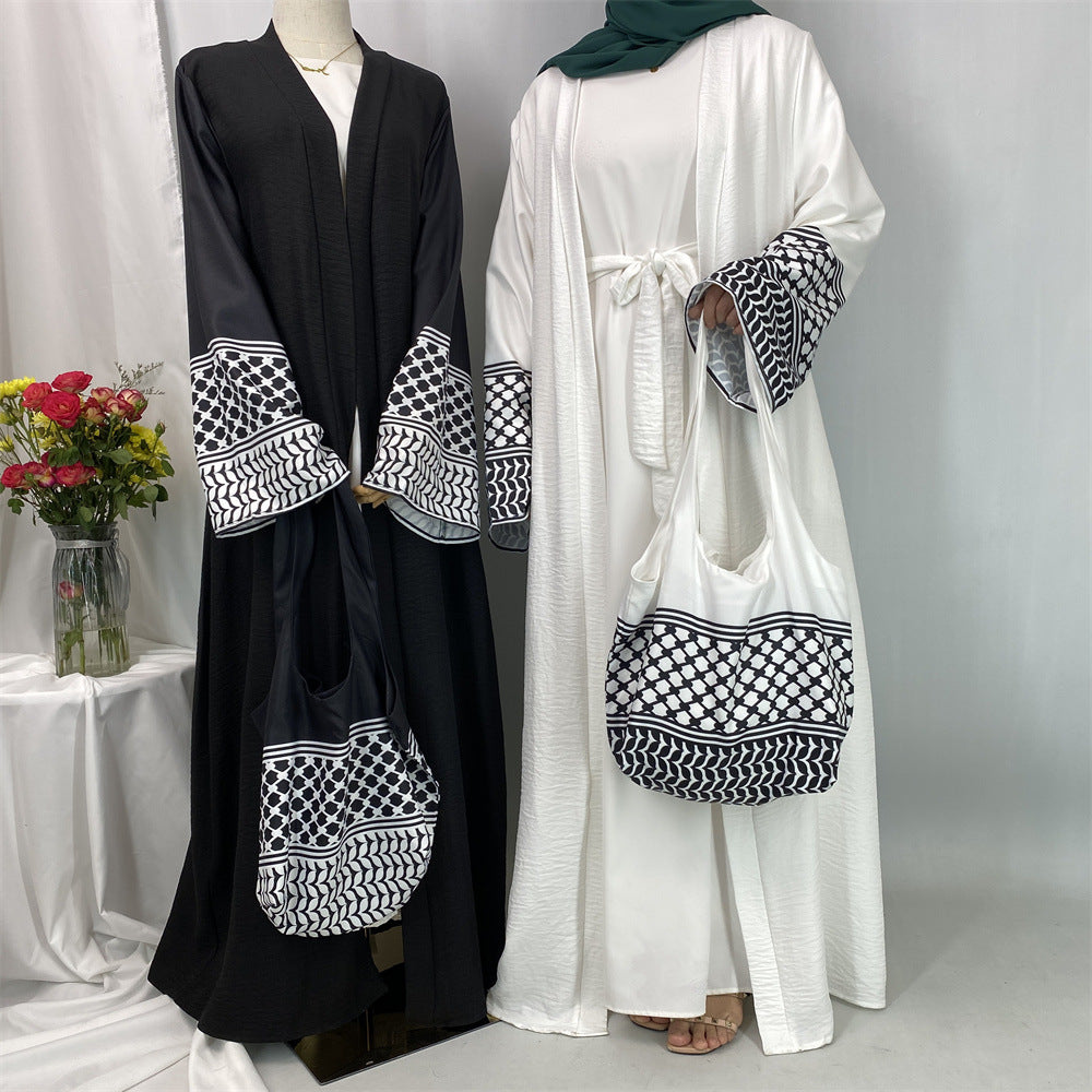 1452#Hot Seller Palestine-Inspired Printed Soft Linen Keffiyeh Open Abaya Wholesale With Crossbody Bag