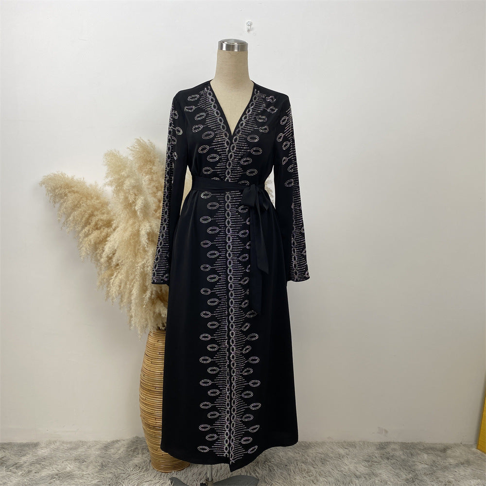 1424#Modest Coats for Muslim Women Nida Open Abaya With Sequins Black Long Coat With Side Pockets