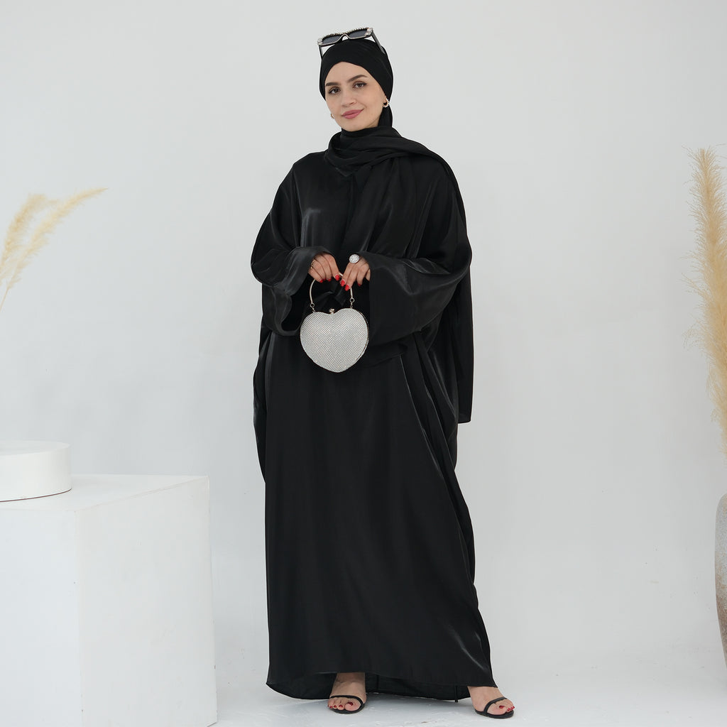 1789# 2024 New Shinny Polyester One Piece Hoodie Abaya Dubai Modest Dress with Attached Hijab