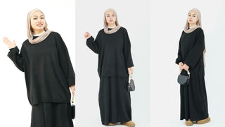 1928#Knit Fabric Solid Color Women's Dress Islamic Clothing Sweater Skirt Set 2pcs Winter Set Abaya