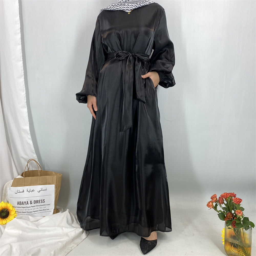 6855#  Flowy Lightweight Shiny Satin Muslim Loose Open Abaya Robe for Women