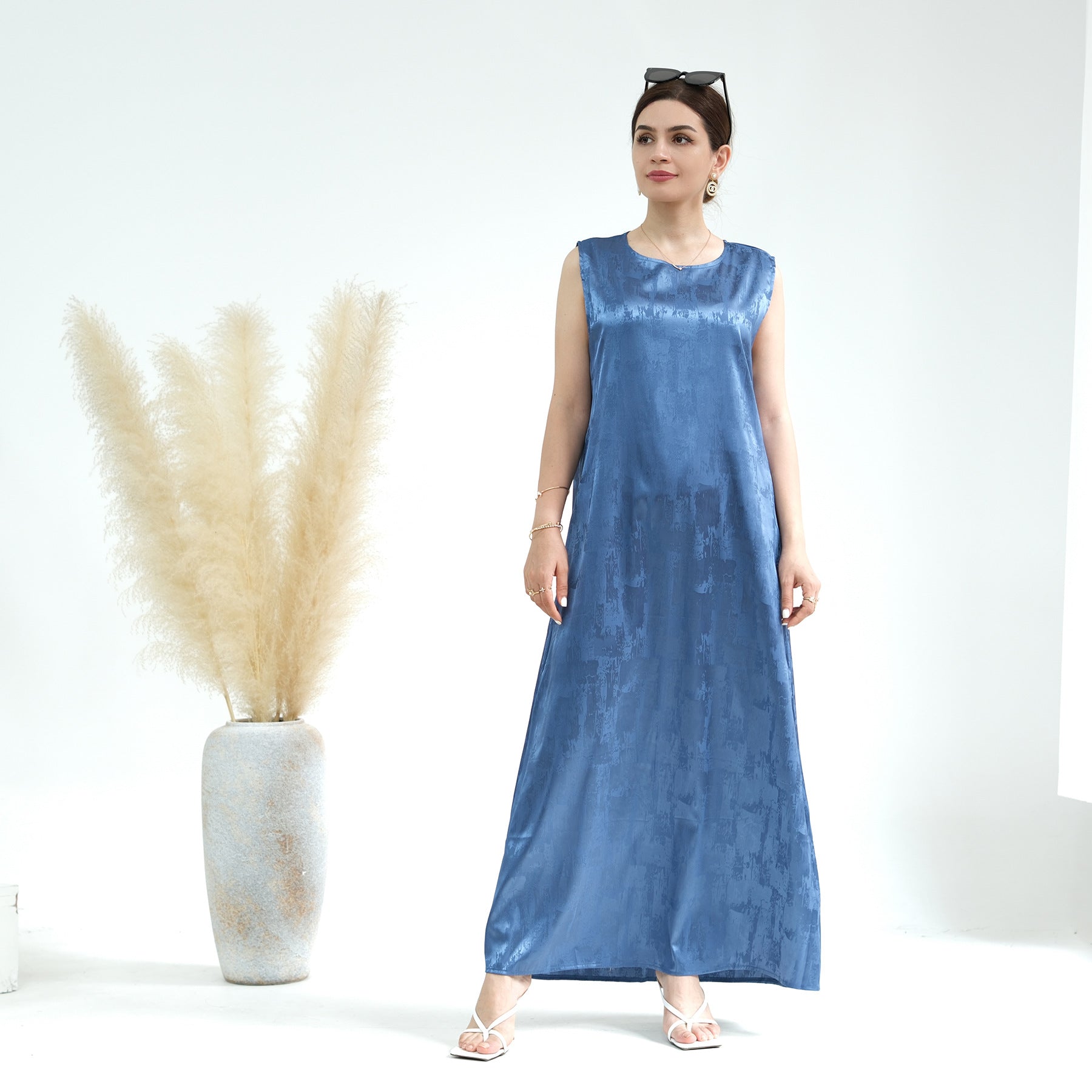1655#Luxury Muslim Clothing Unique Satin Slip Dress and Open Abaya Set 2 Piece Modest Abaya