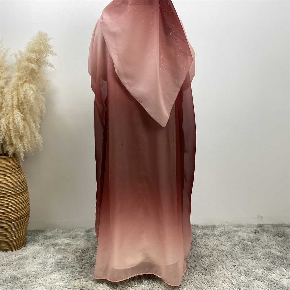 67501#2024 Kimono Abaya Dubai Gradient Color Islamic Clothing Women Muslim Dress with Hijab