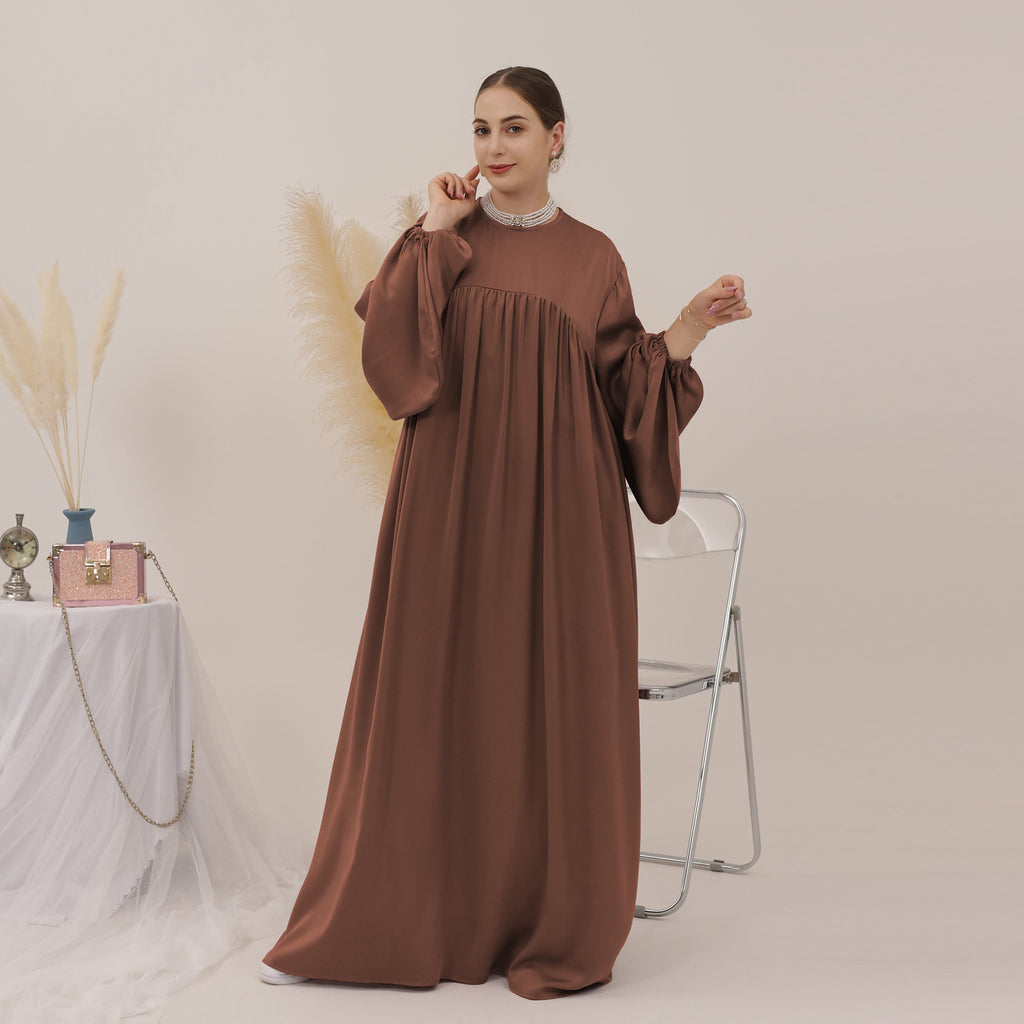 1592#High Quality Muslim Dress Puff Sleeve Soft Satin Plain Abaya