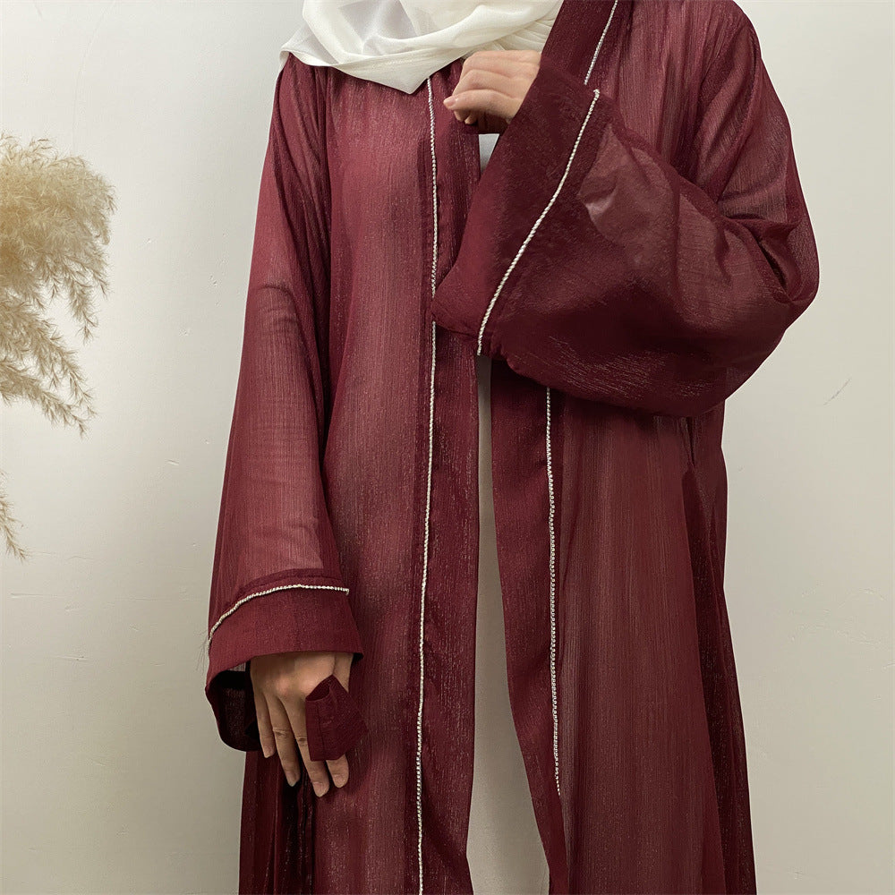 1425#New Material Transparent Silk Polyester Luxury Diamond Border With Pockets Women Open Abaya