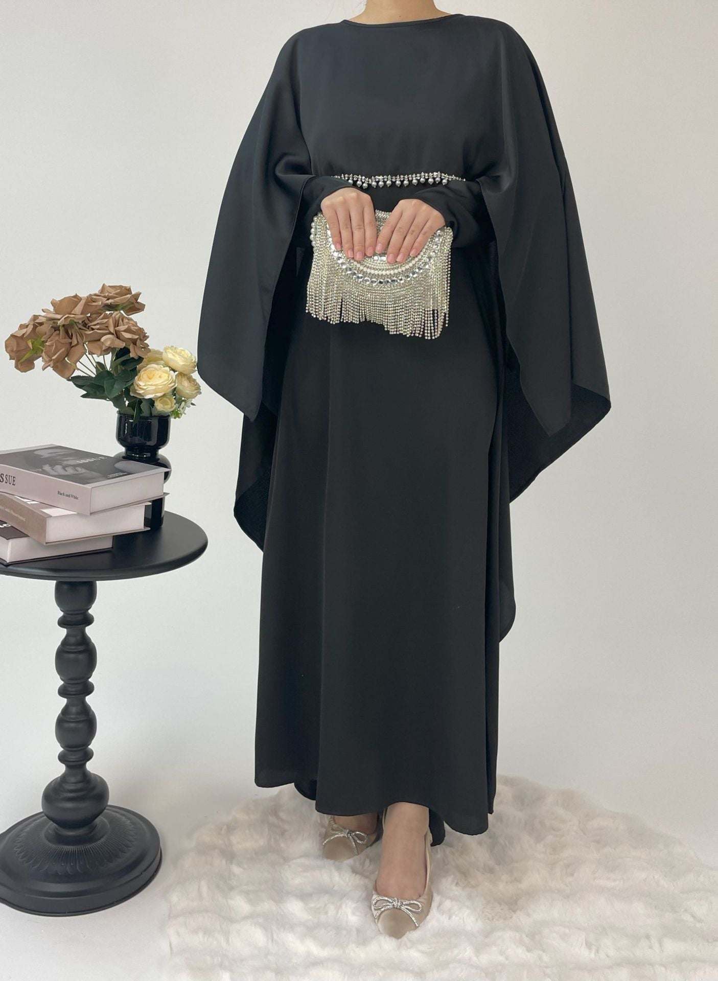 1020#2pcs Abaya Women Muslim Dress Set  Ramadan Islamic Clothing Kaftan with pearls
