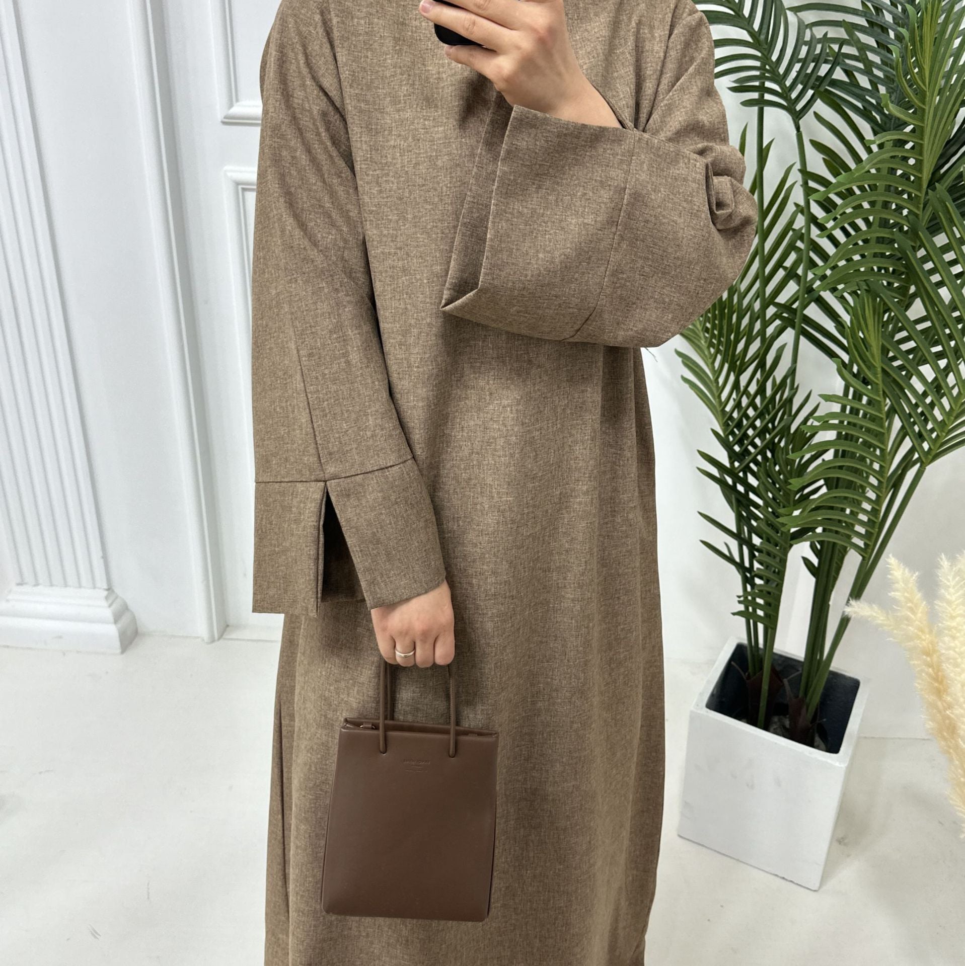 1715#Linen Abaya Slit Long Sleeves with Side Pockets and Back Zipper Women Casual Dress 的副本