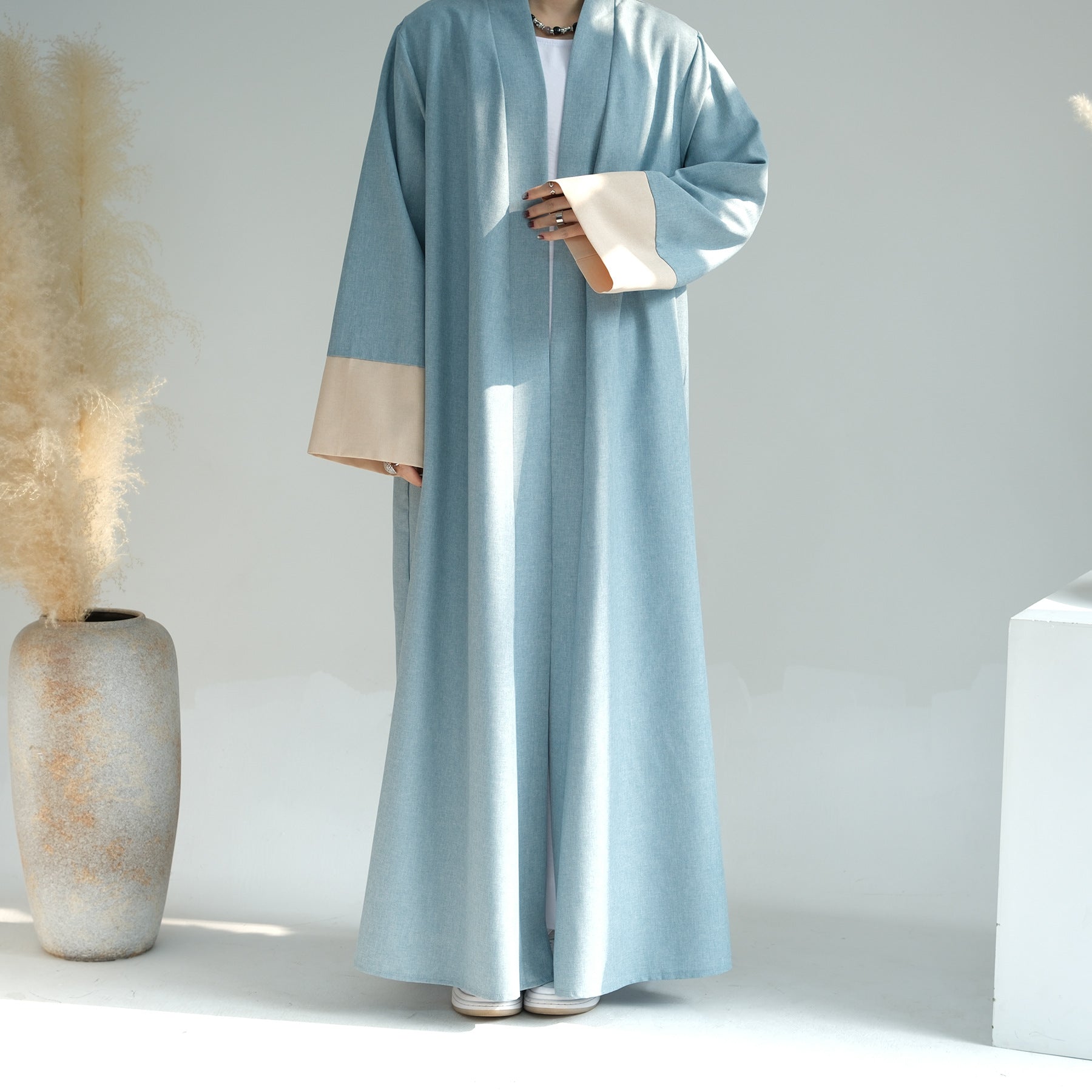 1744#2024 Latest Islamic Clothing Color-blocked Sleeves Linen Cardigan Open Abaya