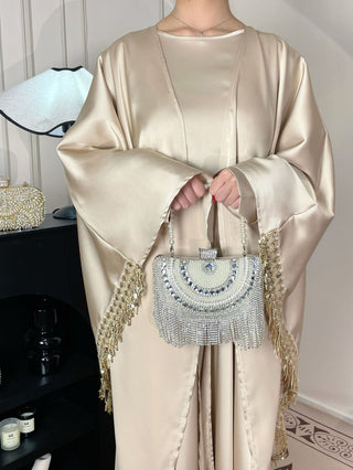 1037#Luxury Abaya Manufacturer Islamic Clothing Cardigan Abaya and Inner Dress Set With Diamond Chain