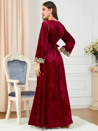 3258#Women's Long Dress Velvet Tape Trim V-Neck Belted Kaftan Abaya