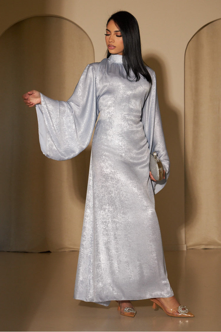 1777#New Modest Muslim Dress Long Sleeve Shinny Polyester Fashion Dubai Abaya Women Dress Elegant Islamic Clothing