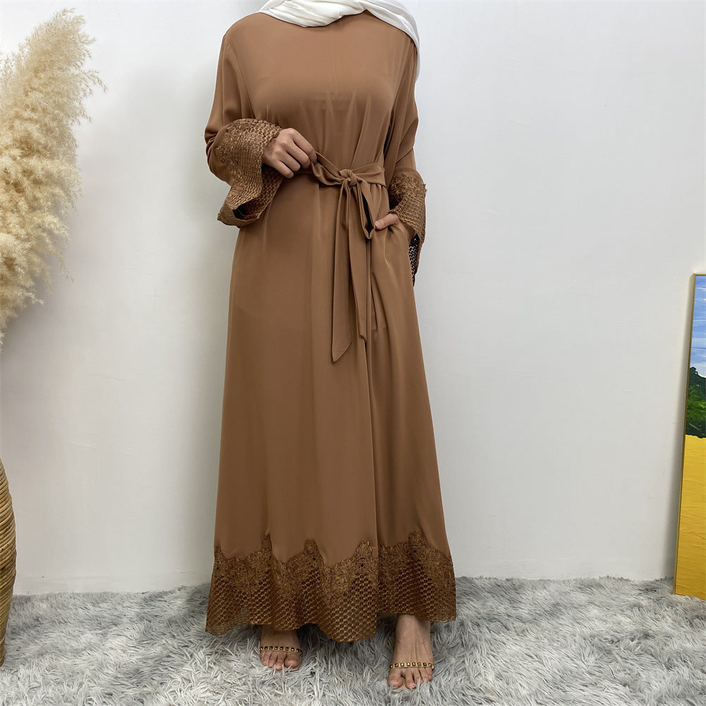 6708#New Nida Flower Applique With Mesh With Side Pockets Classy Women Dress Close Abaya