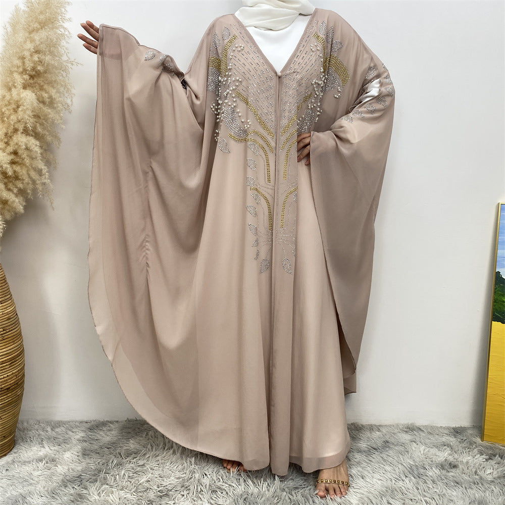 6743#Luxury New Rhinestone Chiffon Abaya Bead With Pearls Batwing Sleeves Classy Cardigan 的副本
