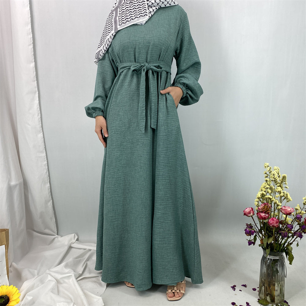 6840#New Linen Summer Abaya Dress Islamic Clothing for Dubai Turkish Muslim Women with Long Sleeve and Side Pockets