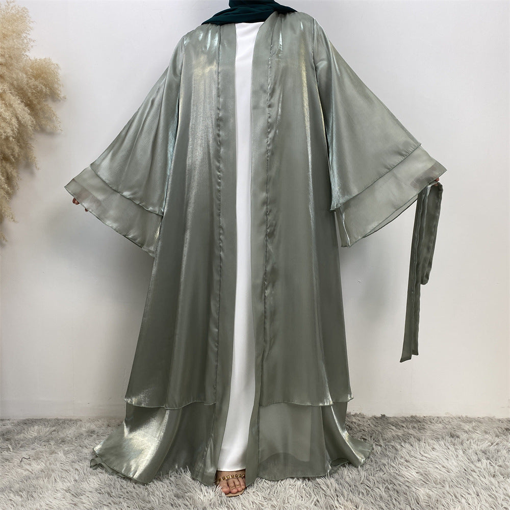 1432#Flowy Shiny Silk Material New Design Two Layers Loose Sleeves Classy Fashion Popular Ladies Islamic Open Abaya