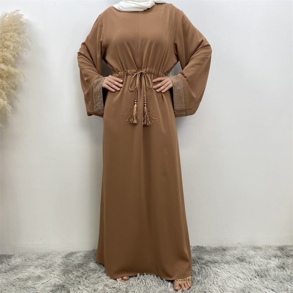 6758# Front zipper closed abaya dress loose cuff with rhinestone maxi dresses