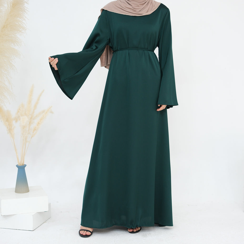 1860# Plain Silk Abaya Muslim Women Dress Islamic Clothing Modest Dresses with Adjustable Belt