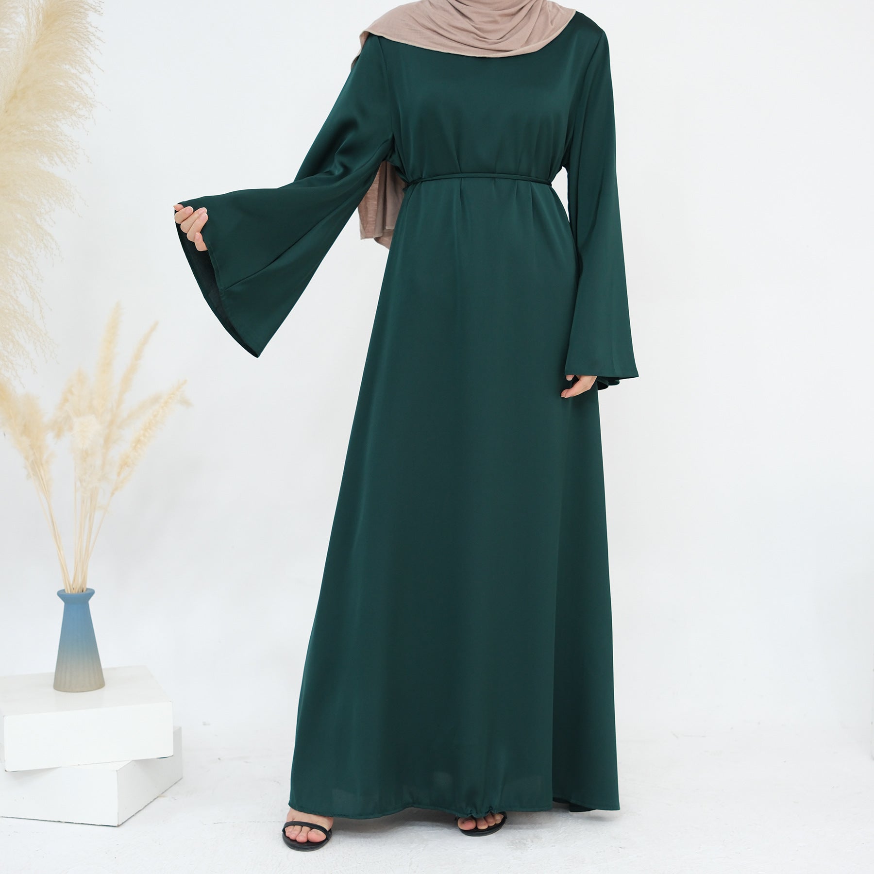 1860# Plain Silk Abaya Muslim Women Dress Islamic Clothing Modest Dresses with Adjustable Belt