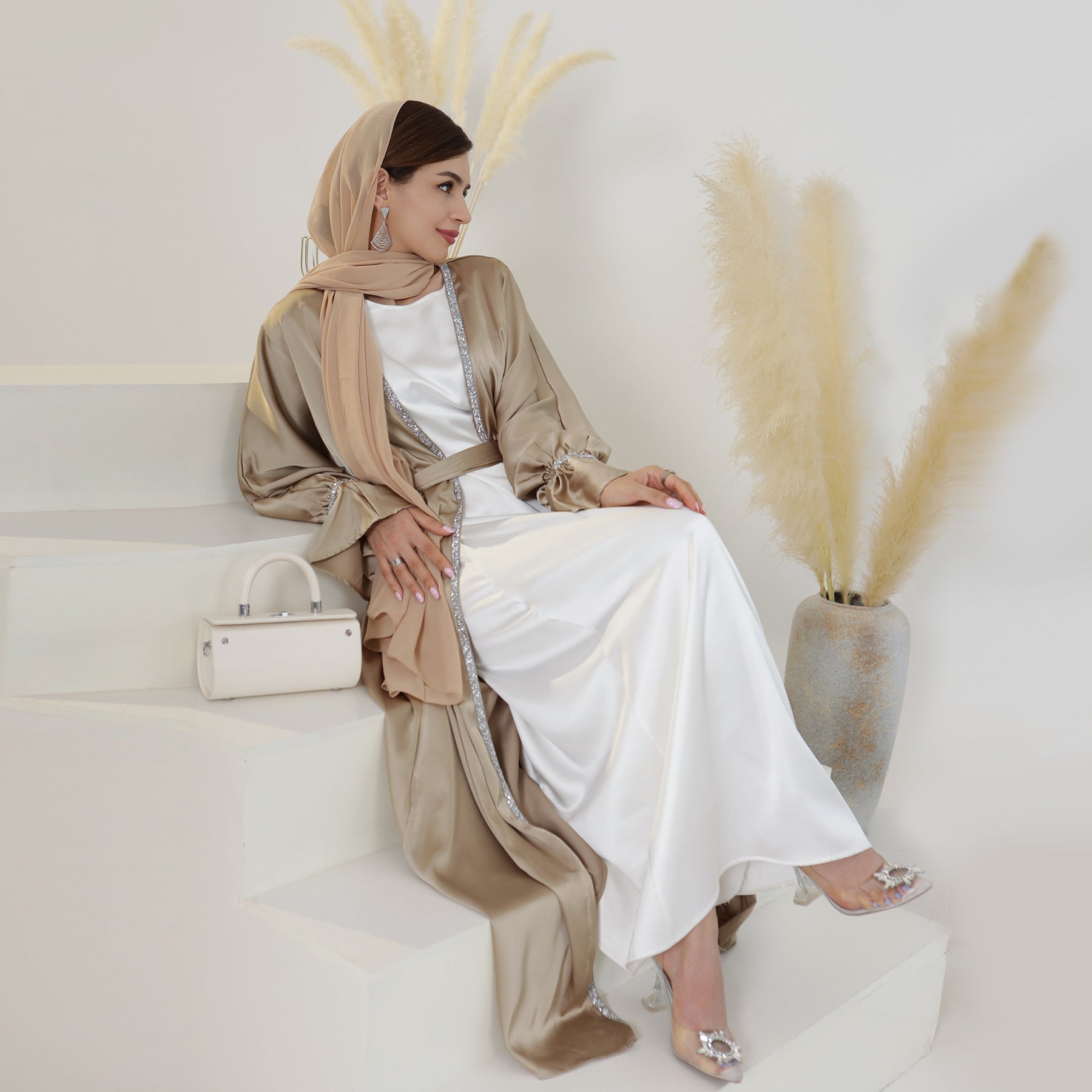 1633#New Design Modest Dubai Muslim Dress Satin Women Open Abaya 2pc set