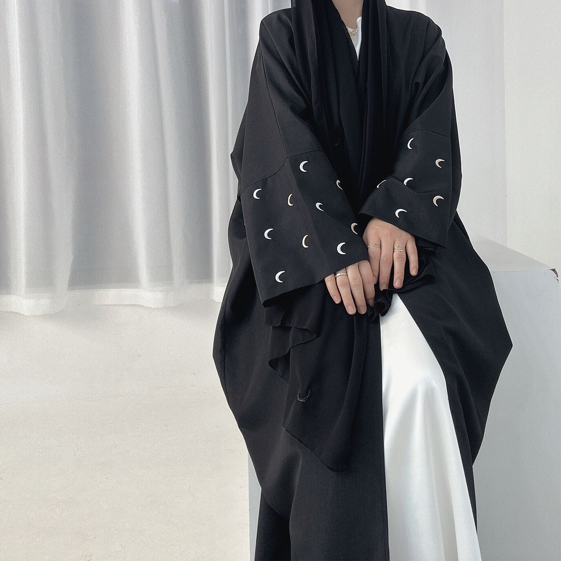 1664#New Arrival EID Linen Islamic Clothing Musulmane Moon Embroidery Women Kimono Cardigan Abaya