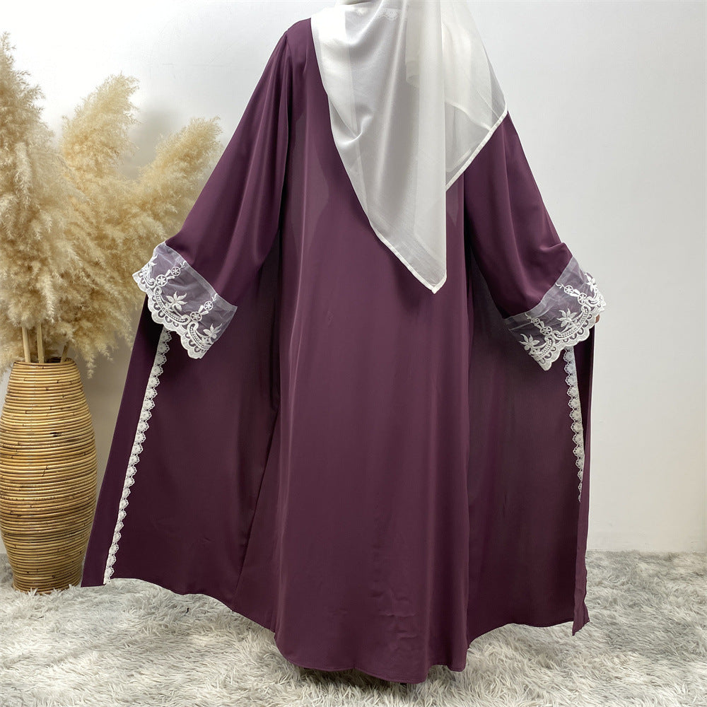 1405#Latest Eid Nida Material Flower Lace Border Classy Embroidery Women Open Abaya