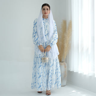 1751#High Quality Chiffon Printed Modest Casual Dresses With Belt Women Abaya Muslim Dress