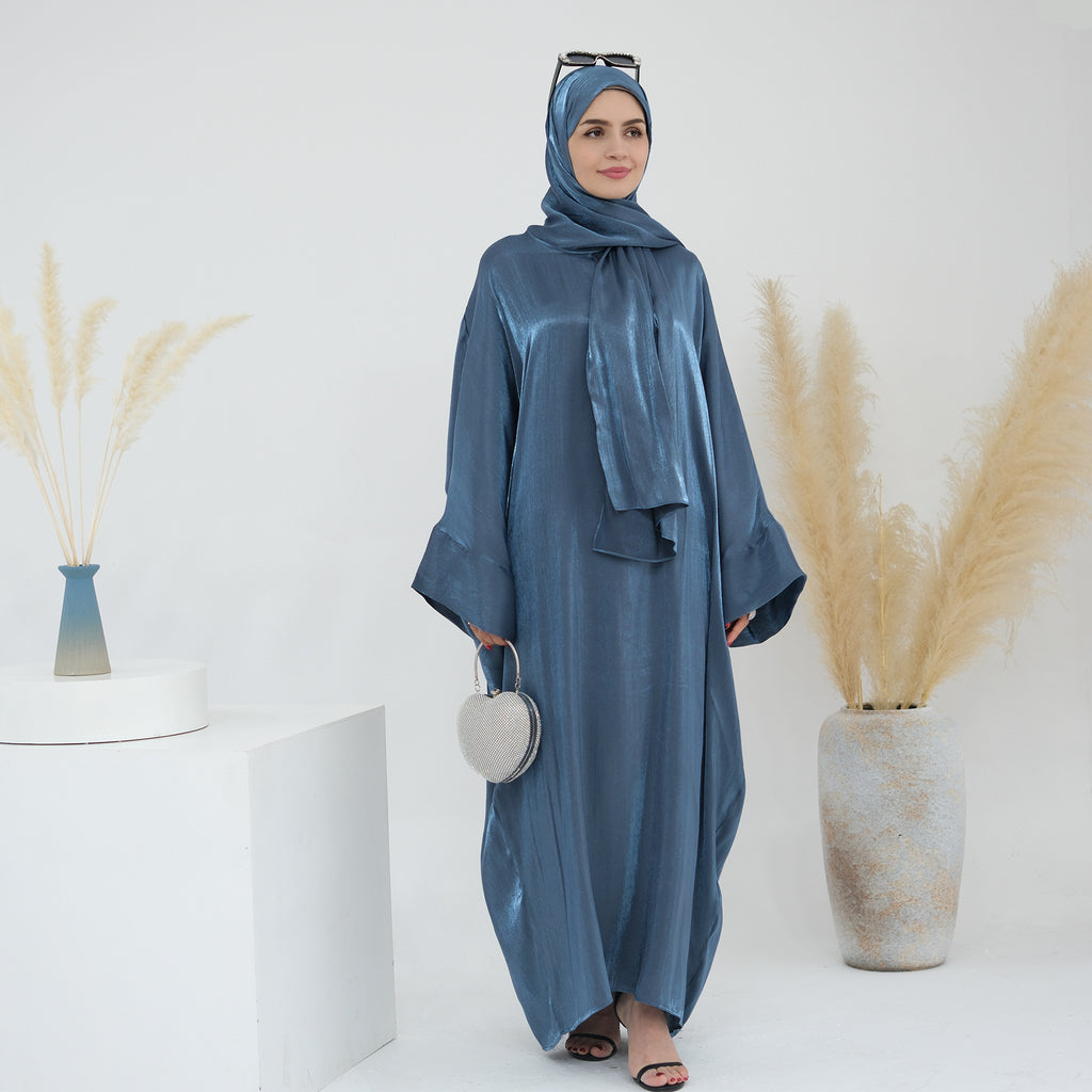 1789# 2024 New Shinny Polyester One Piece Hoodie Abaya Dubai Modest Dress with Attached Hijab