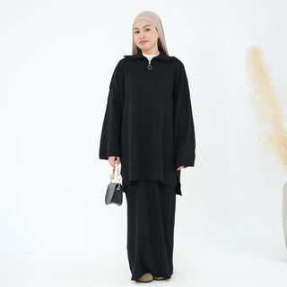 1929#Half Zipper Drop Shoulder Sweater Knit Muslim Women Two Pieces Set Oversized Tops Casual Fall Skirt Abaya Set